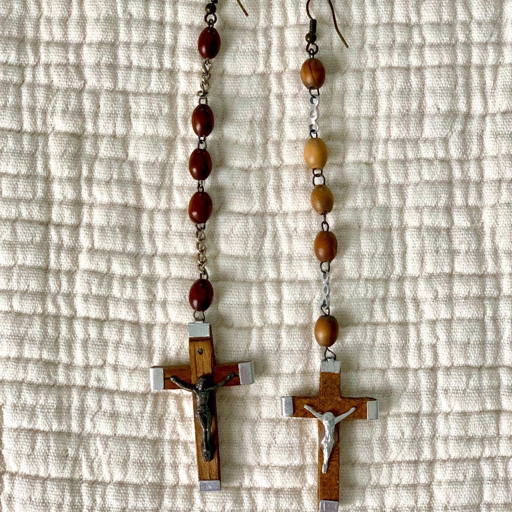 super LONG statement earrings made from vintage wood rosary beads
